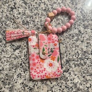 Pink Floral Card Holder Keychain with Beaded Bracelet